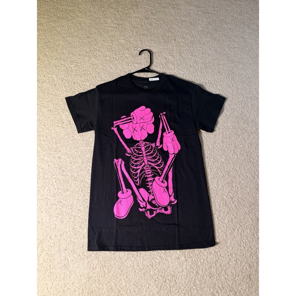 KAWS New Fiction Skeleton Graphic T Shirt Black Pink Size Small Companion Tee
